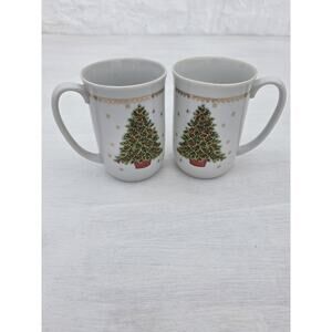 George Good Coffee Mugs Tea Cups (2) Christmas Tree Holiday Design White Vintage